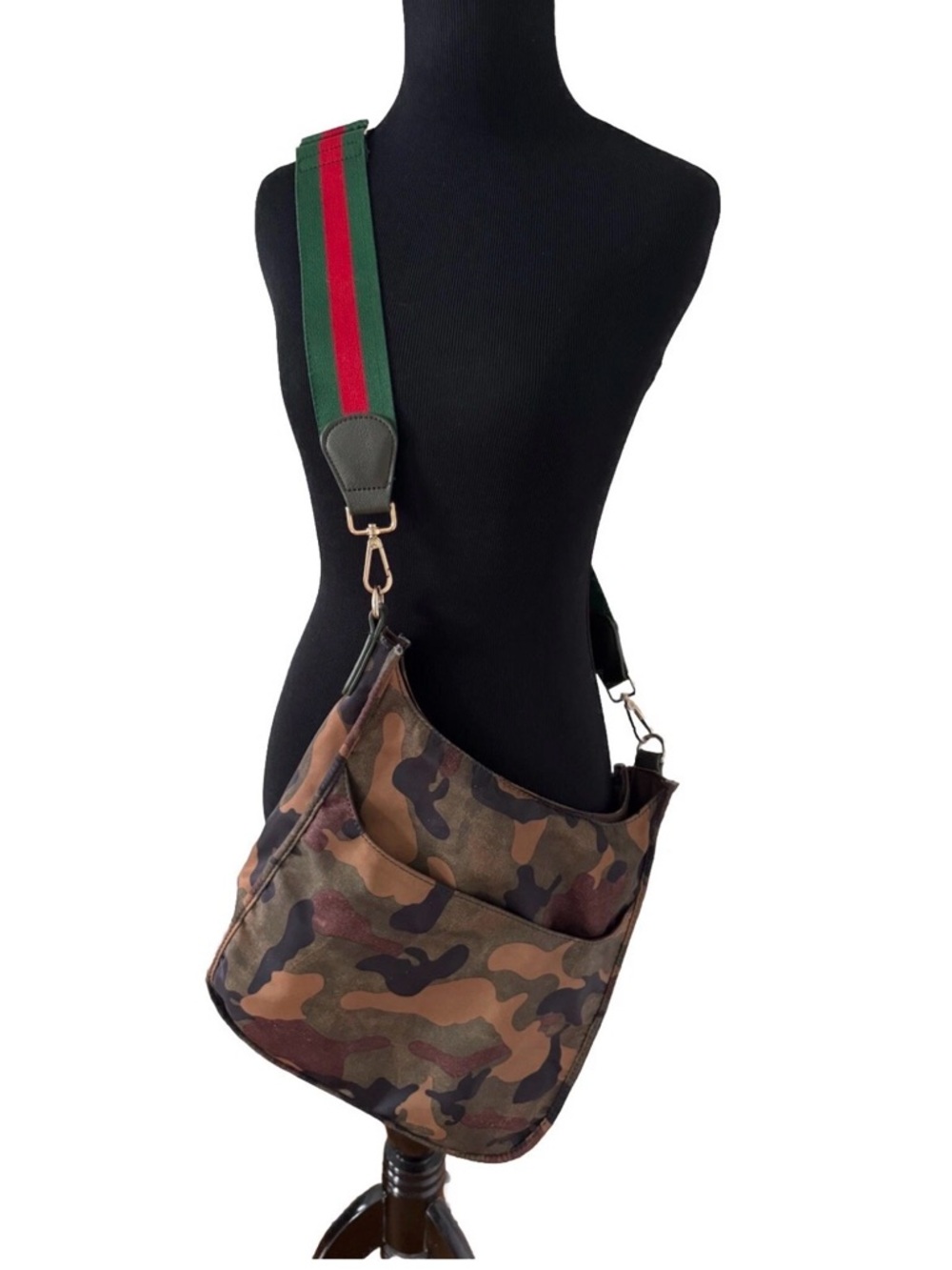 Camo Print Crossbody Nylon Bag. Green & Red Strap 11x11
